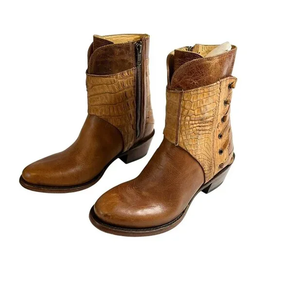 Stetson Caiman Brown Handmade Laced Back Vamp Shortie Boots Booties NWT Size 7 - Picture 2 of 7